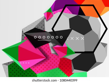 Color 3d geometric composition poster. Vector illustration of colorful triangles, pyramids, hexagons and other shapes on grey background