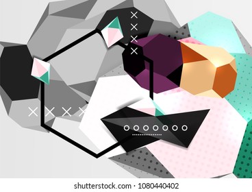 Color 3d geometric composition poster. Vector illustration of colorful triangles, pyramids, hexagons and other shapes on grey background