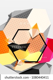 Color 3d geometric composition poster. Vector illustration of colorful triangles, pyramids, hexagons and other shapes on grey background