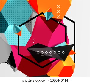 Color 3d geometric composition poster. Vector illustration of colorful triangles, pyramids, hexagons and other shapes on grey background