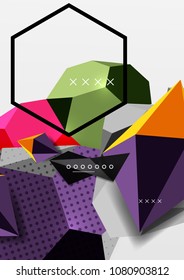 Color 3d geometric composition poster. Vector illustration of colorful triangles, pyramids, hexagons and other shapes on grey background