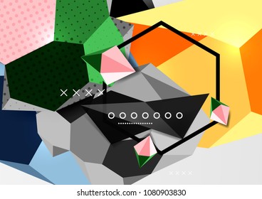 Cartel de composición geométrica en 3d de color. Ilustración vectorial de triángulos coloridos, pirámides, hexagones y otras formas sobre fondo gris