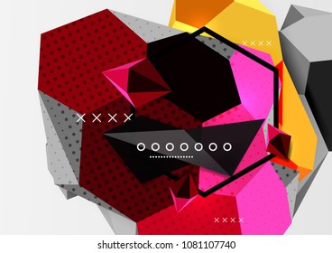 Color 3d geometric composition poster. Vector illustration of colorful triangles, pyramids, hexagons and other shapes on grey background