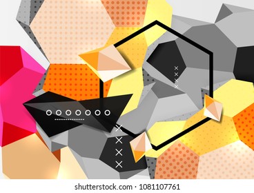 Cartel de composición geométrica en 3d de color. Ilustración vectorial de triángulos coloridos, pirámides, hexagones y otras formas sobre fondo gris