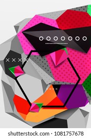 Color 3d geometric composition poster. Vector illustration of colorful triangles, pyramids, hexagons and other shapes on grey background