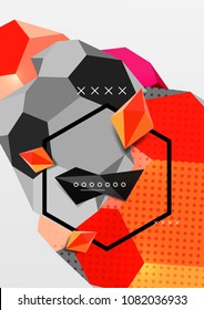 Color 3d geometric composition poster. Vector illustration of colorful triangles, pyramids, hexagons and other shapes on grey background
