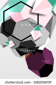 Color 3d geometric composition poster. Vector illustration of colorful triangles, pyramids, hexagons and other shapes on grey background