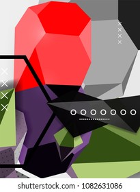 Cartel de composición geométrica en 3d de color. Ilustración vectorial de triángulos coloridos, pirámides, hexagones y otras formas sobre fondo gris