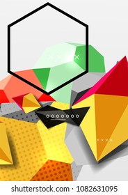 Color 3d geometric composition poster. Vector illustration of colorful triangles, pyramids, hexagons and other shapes on grey background