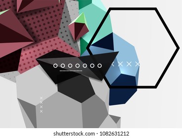 Color 3d geometric composition poster. Vector illustration of colorful triangles, pyramids, hexagons and other shapes on grey background