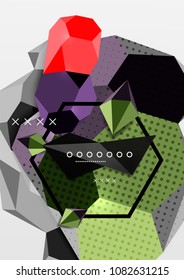 Cartel de composición geométrica en 3d de color. Ilustración vectorial de triángulos coloridos, pirámides, hexagones y otras formas sobre fondo gris