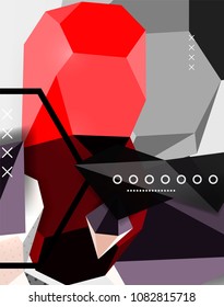 Color 3d geometric composition poster. Vector illustration of colorful triangles, pyramids, hexagons and other shapes on grey background