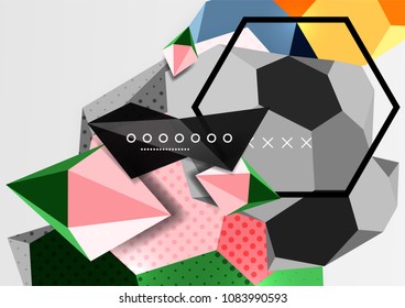 Cartel de composición geométrica en 3d de color. Ilustración vectorial de triángulos coloridos, pirámides, hexagones y otras formas sobre fondo gris