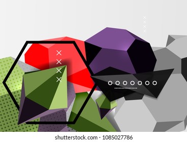 Color 3d geometric composition poster. Vector illustration of colorful triangles, pyramids, hexagons and other shapes on grey background