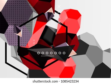 Color 3d geometric composition poster. Vector illustration of colorful triangles, pyramids, hexagons and other shapes on grey background