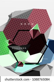 Color 3d geometric composition poster. Vector illustration of colorful triangles, pyramids, hexagons and other shapes on grey background