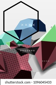 Cartel de composición geométrica en 3d de color. Ilustración vectorial de triángulos coloridos, pirámides, hexagones y otras formas sobre fondo gris