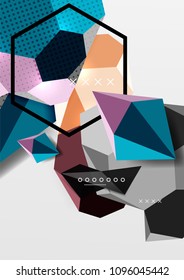 Cartel de composición geométrica en 3d de color. Ilustración vectorial de triángulos coloridos, pirámides, hexagones y otras formas sobre fondo gris