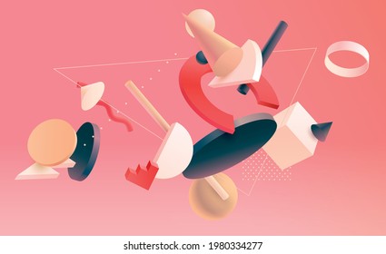 Color 3D geometric shapes. Realistic vector design. Abstract graphic composition.