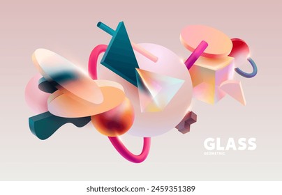 Color 3D geometric shapes. Realistic vector design in glass morphism style. Abstract graphic composition.