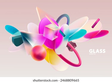 Color 3D geometric shapes. Realistic vector design in glass morphism style. Abstract graphic composition.