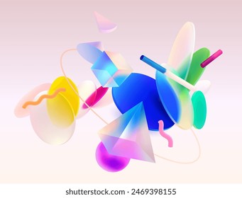 Color 3D geometric shapes. Realistic vector design elements in glass morphism style. Abstract graphic composition.