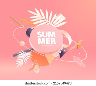 Color 3D geometric shapes with tropical leafs. Realistic summer poster design. Abstract vector composition.