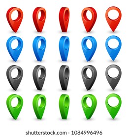 Color 3d map pins. Place location and destination icons. Navigation pin pointers vector symbols isolated on white background. Web marker for position, point pin illustration