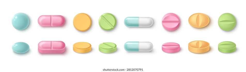 Color 3d pill and tablet mockup with realistic shadow, vector set isolated on white background. Medical capsule icon for healthcare, pharmacy branding, vitamin packaging, or pharmaceutical design