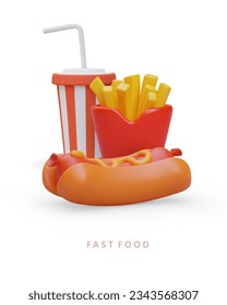 Color 3D set of fast food. Hot dog, fries, drink. Salty and sweet delicious street food. Vector illustration on white background. Vertical template for cover, poster