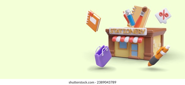 Color 3D stationery store building, bag, pen, notebook, discount. Online store advertising. Vector composition of floating elements. Place for text, link button