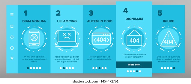 Color 404 HTTP Error Message Vector Onboarding Mobile App Page Screen. 404 Page Not Found Outline Symbols Pack. Internet Connection Problem, Broken Link. Standard Response Code Illustrations