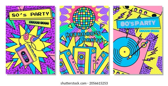 Color 80s Years Disco Style Concept Banner Poster Card Set. Vector illustration of Flyer Template Retro Party