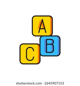 Ícone de blocos ABC coloridos isolado no plano de fundo branco. Cubos de alfabeto com letras A, B, C. Estilo de contorno preenchido plano com sombra. Vetor