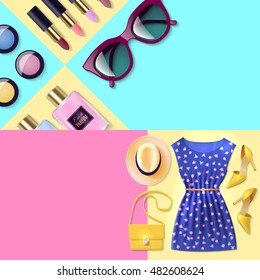 Color abstract banner depicting elements of woman clothing and accessory vector illustration