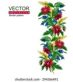 Color abstract bouquet of flowers (poppies,ears of wheat and cornflowers, palm leaves)   Border pattern.  