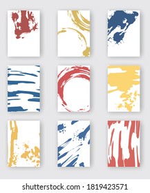 Farbabstrakter Designsatz. Tinte auf Broschüre, Farbelement einzeln auf Weiß. farbige Grunge-Banner-Farben. Einfache Komposition. Flüssigkeitsfarbe. Hintergrund für Banner, Karte, Poster, Identität, Web-Design.