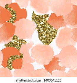 Color, abstract, diverse seamless pattern with colorful watercolor and gold glitter shapes made in vector