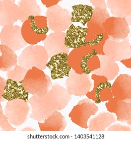 Color, abstract, diverse seamless pattern with colorful watercolor and gold glitter shapes made in vector
