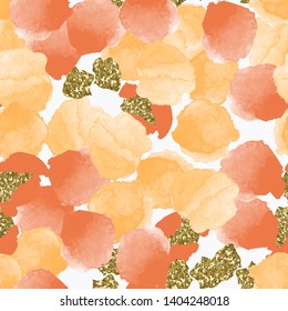Color, abstract, diverse seamless pattern with colorful watercolor and gold glitter shapes made in vector