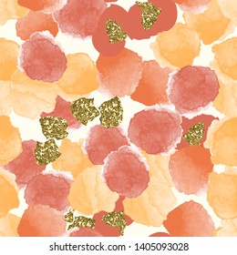 Color, abstract, diverse seamless pattern with colorful watercolor and gold glitter shapes made in vector