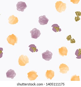 Color, abstract, diverse seamless pattern with colorful watercolor and gold glitter shapes made in vector