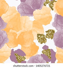 Color, abstract, diverse seamless pattern with colorful watercolor and gold glitter shapes made in vector