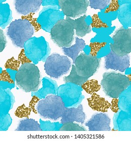 Color, abstract, diverse seamless pattern with colorful watercolor and gold glitter shapes made in vector
