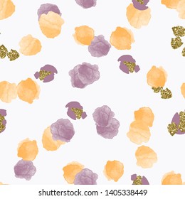 Color, abstract, diverse seamless pattern with colorful watercolor and gold glitter shapes made in vector