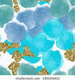 Color, abstract, diverse seamless pattern with colorful watercolor and gold glitter shapes made in vector