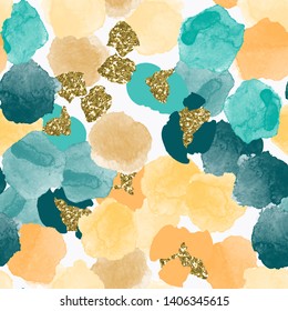Color, abstract, diverse seamless pattern with colorful watercolor and gold glitter shapes made in vector