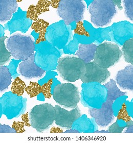 Color, abstract, diverse seamless pattern with colorful watercolor and gold glitter shapes made in vector