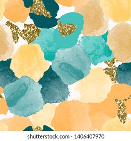 Color, abstract, diverse seamless pattern with colorful watercolor and gold glitter shapes made in vector