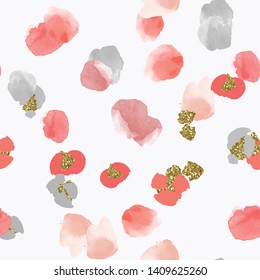 Color, abstract, diverse seamless pattern with colorful watercolor and gold glitter shapes made in vector